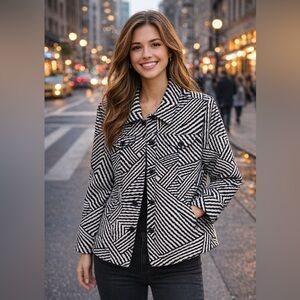 Ruby Rd. Black and White Geometric Quilted Jean Jacket